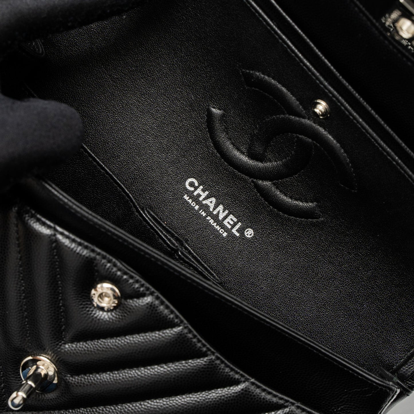 Chanel Medium Classic Double Flap Bag Chevron Caviar Black
