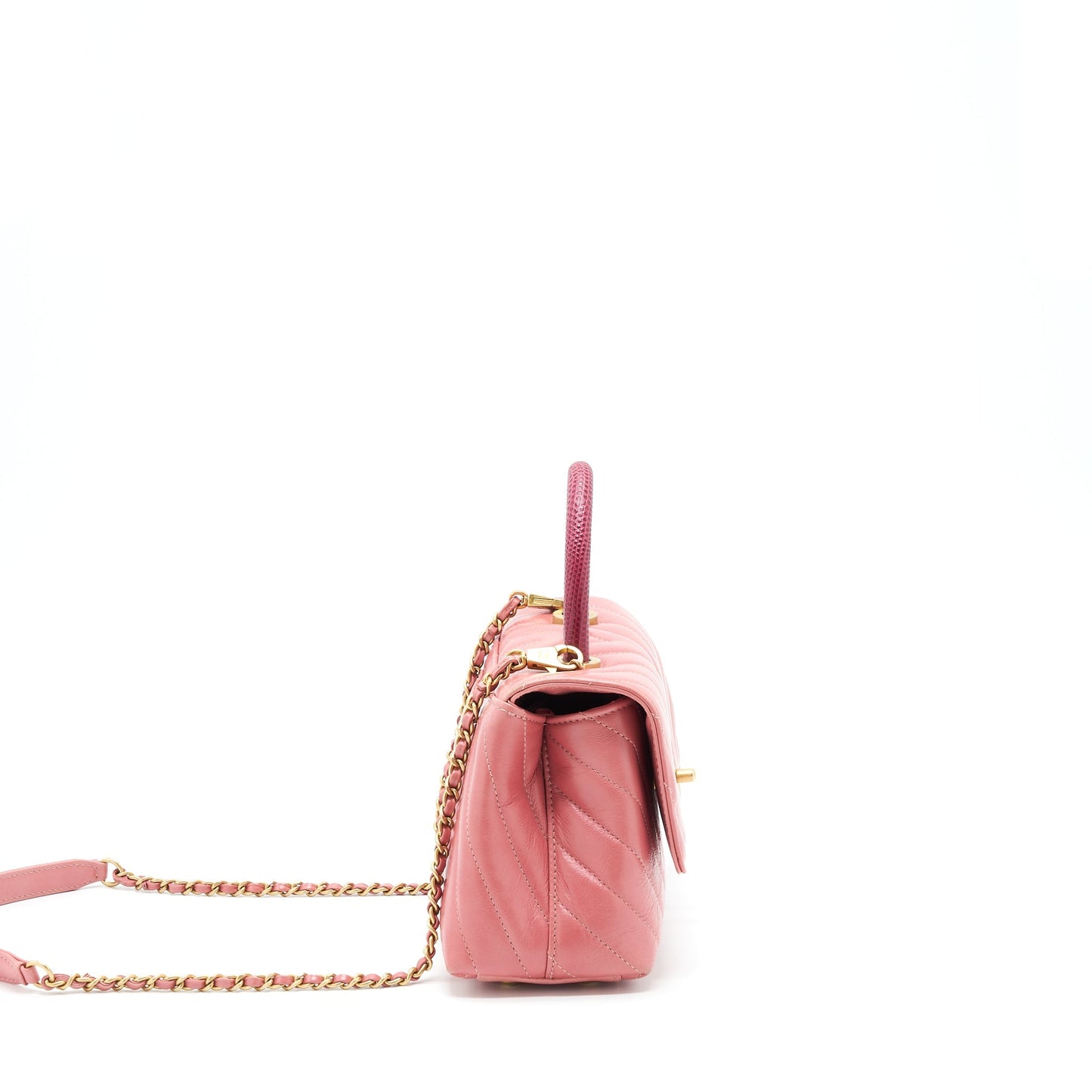 Chanel Small Coco Handle Chevron Calfskin With Lizard Handle Pink