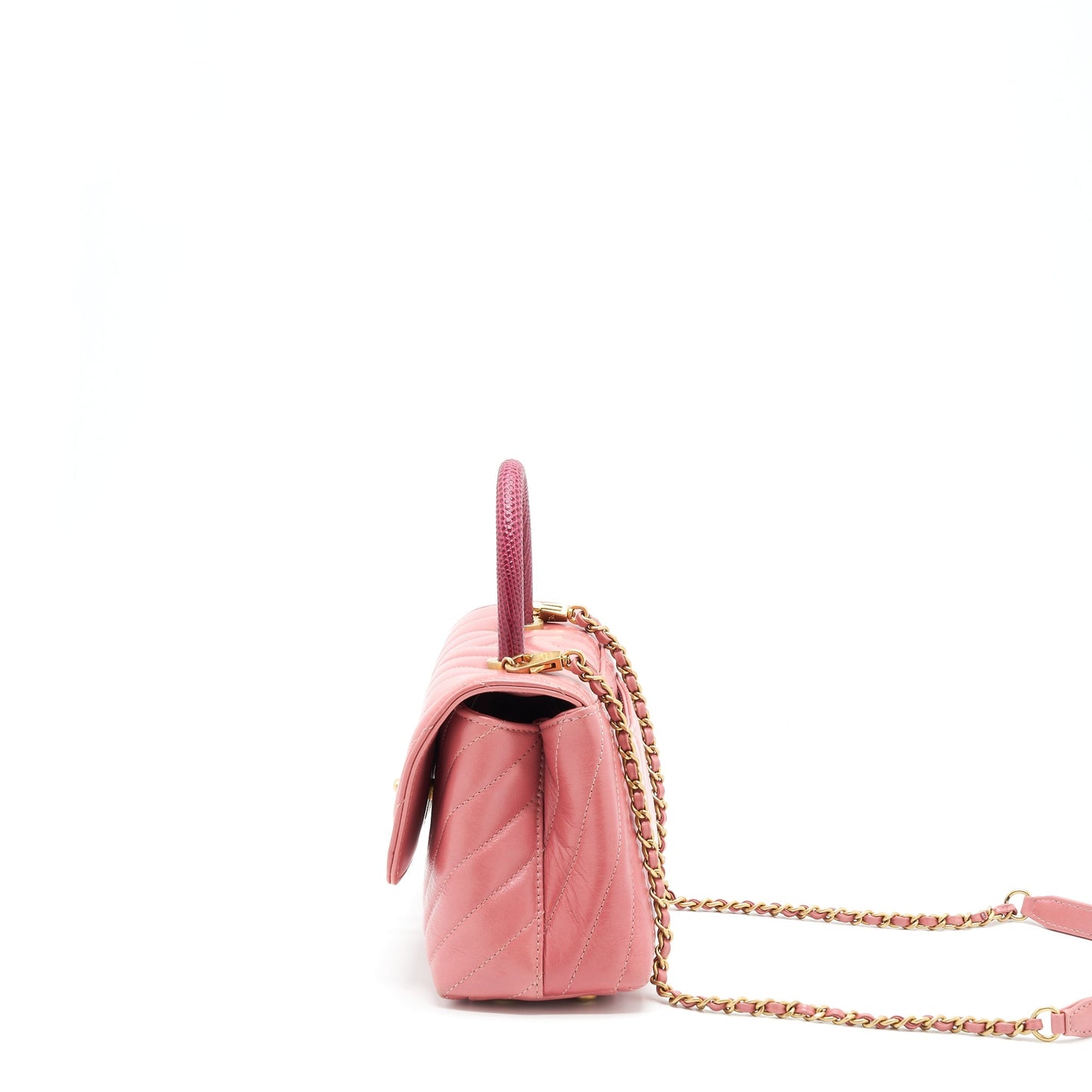 Chanel Small Coco Handle Chevron Calfskin With Lizard Handle Pink