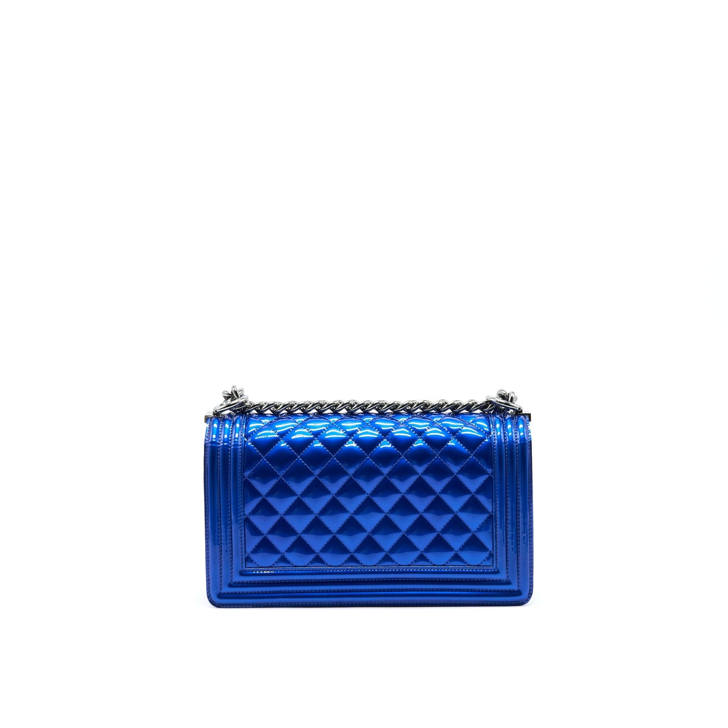 CHANEL MEDIUM LE BOY BAG IN METALLIC BLUE