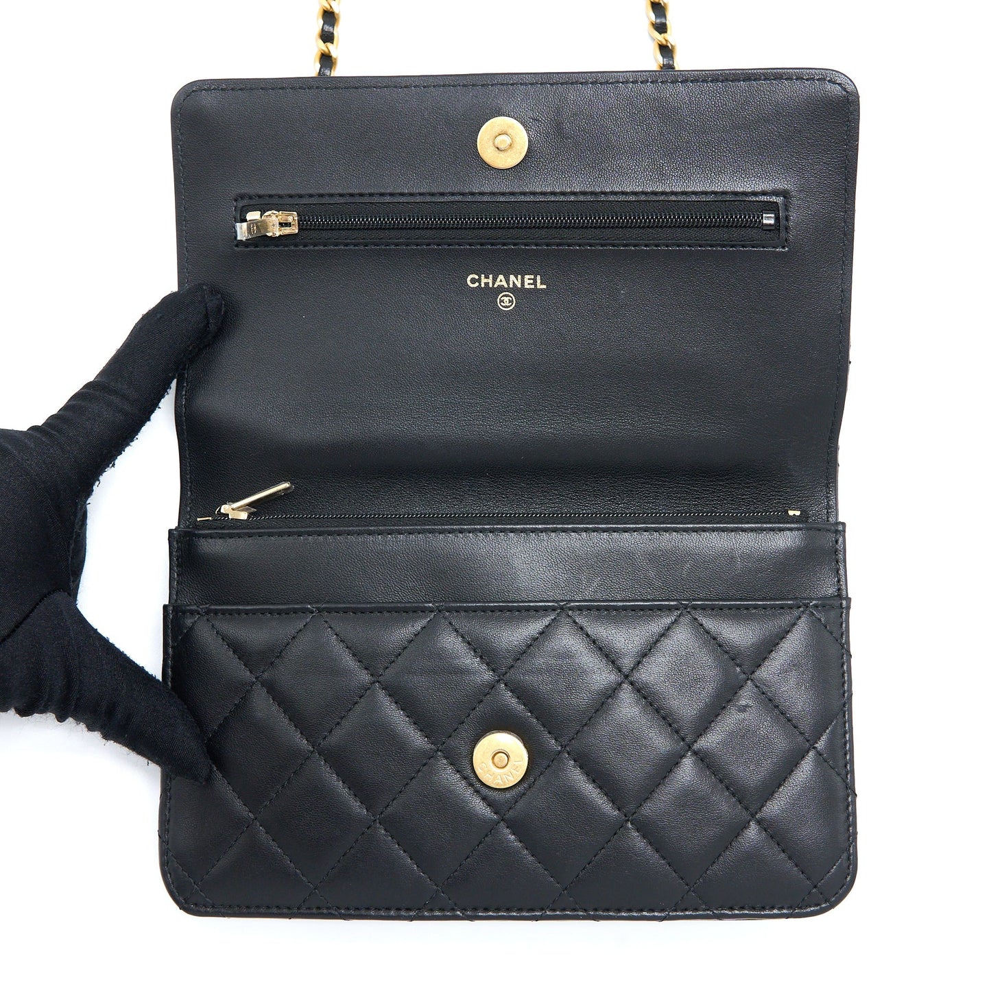 Chanel Detailed Top Handle Wallet on Chain Lambskin Black Brushed  (Microchip)