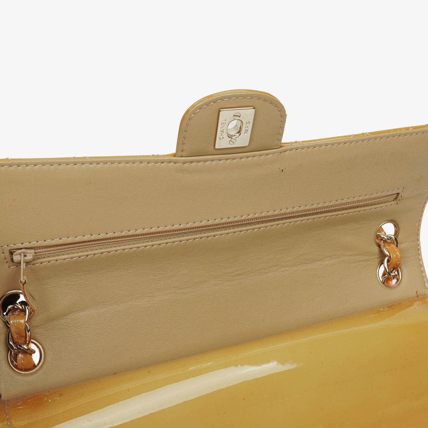 Chanel Double Flap Bag Yellow Quilted Patent Leather With Silver-Tone Hardware