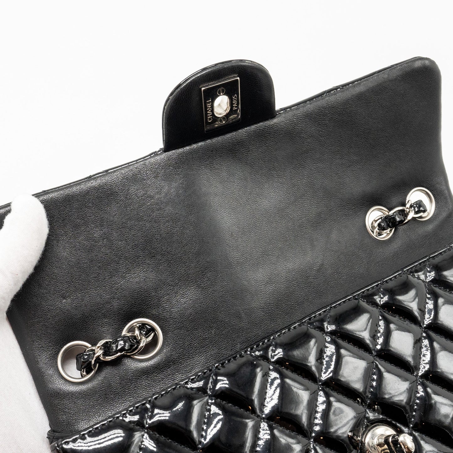 Chanel East West Flap Shoulder Bag Patent Leather Black