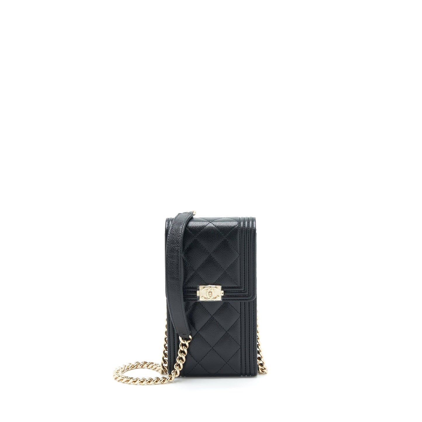Chanel vertical boy flap phone case with chain caviar black with L
