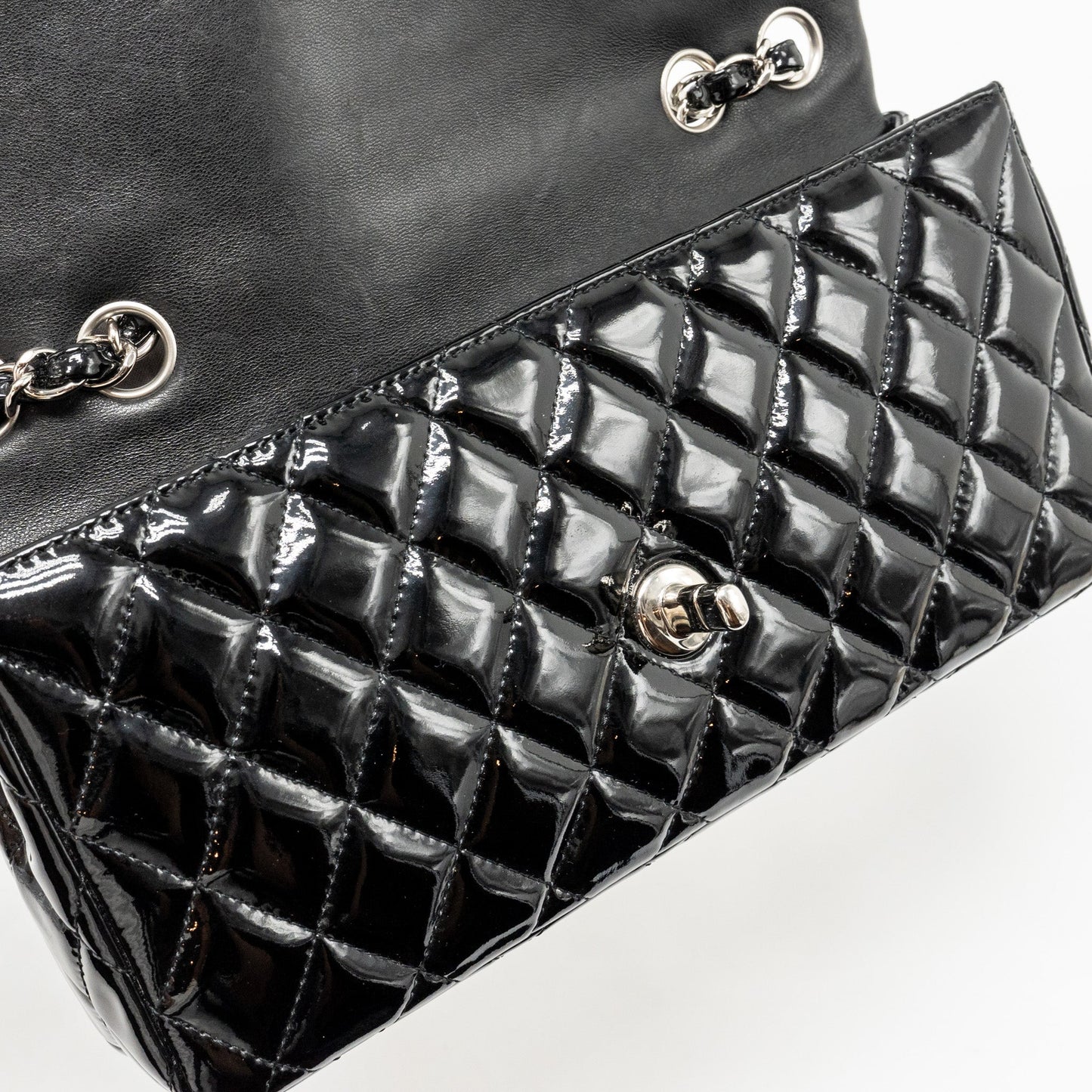 Chanel East West Flap Shoulder Bag Patent Leather Black