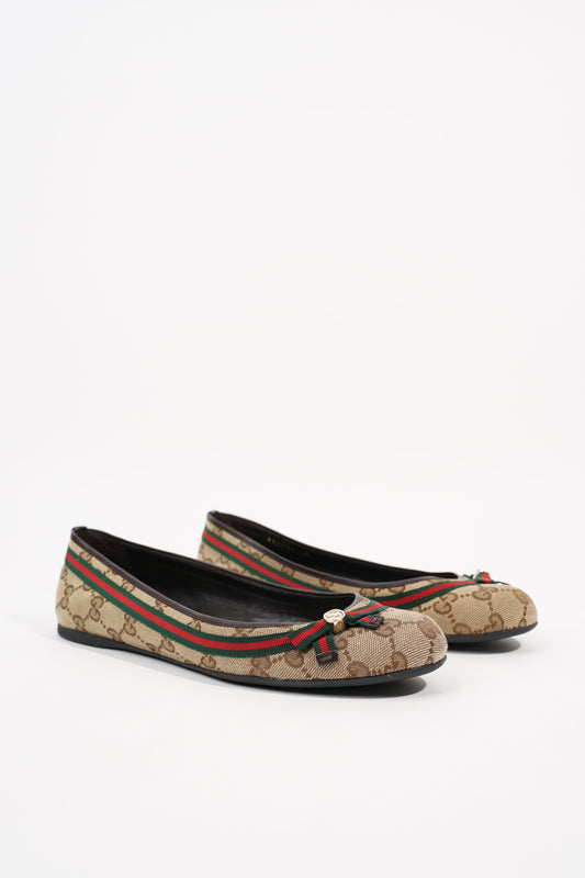 Gucci Womens Mayfair GG Canvas Web Bow Ballerina Pump Beige EU 38 / UK 5
