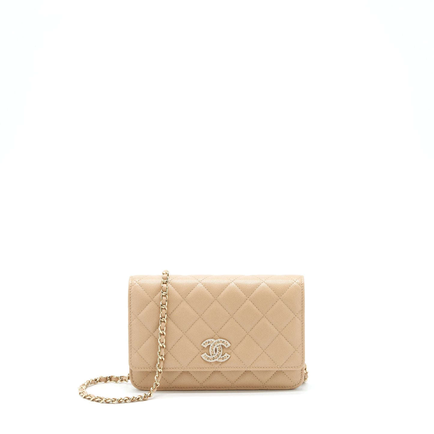 Chanel 22S detailed Logo Wallet on chain Caviar Dark beige with L