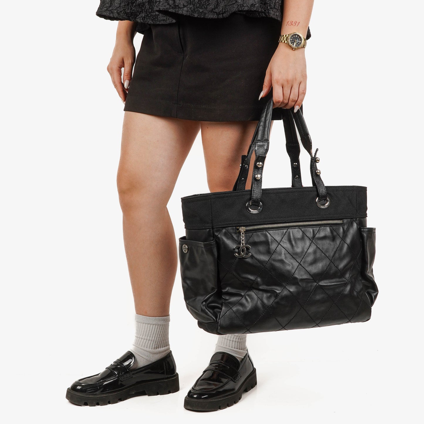 Chanel Paris-Biarritz Black Quilted Coated Canvas Grand Shopping Tote Bag