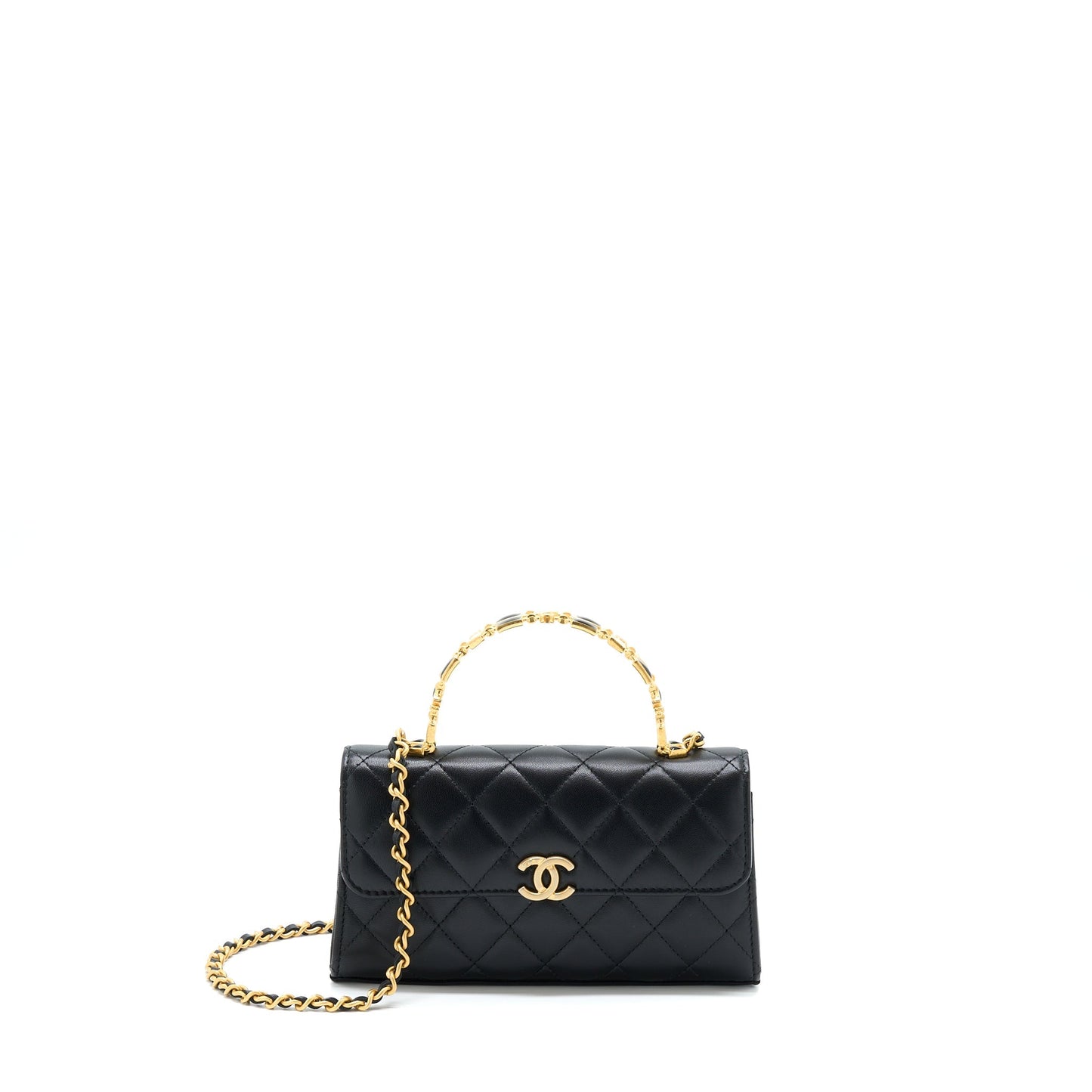 Chanel 22B Flap Bag With Enamel/CC Logo Top Handle Lambskin Black Brushed