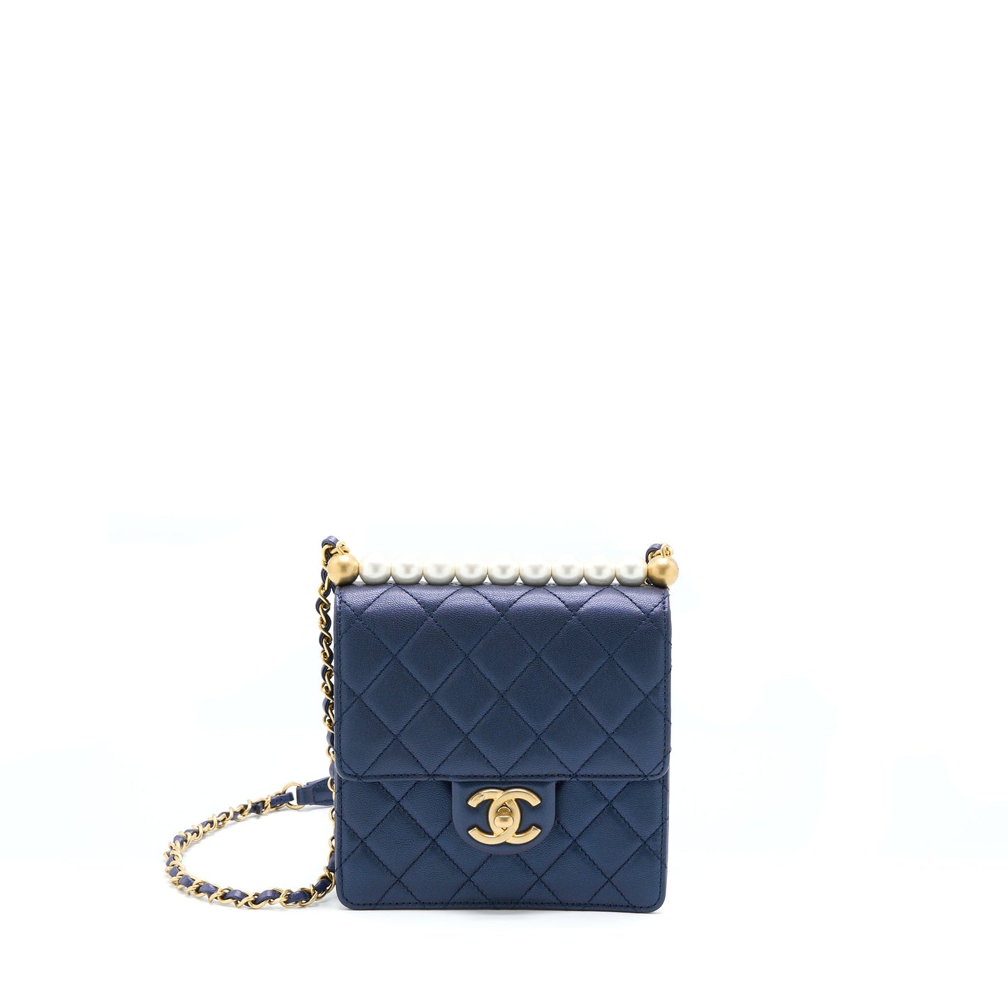 Chanel Vertical Pearl Flap Bag Lambskin Dark Blue