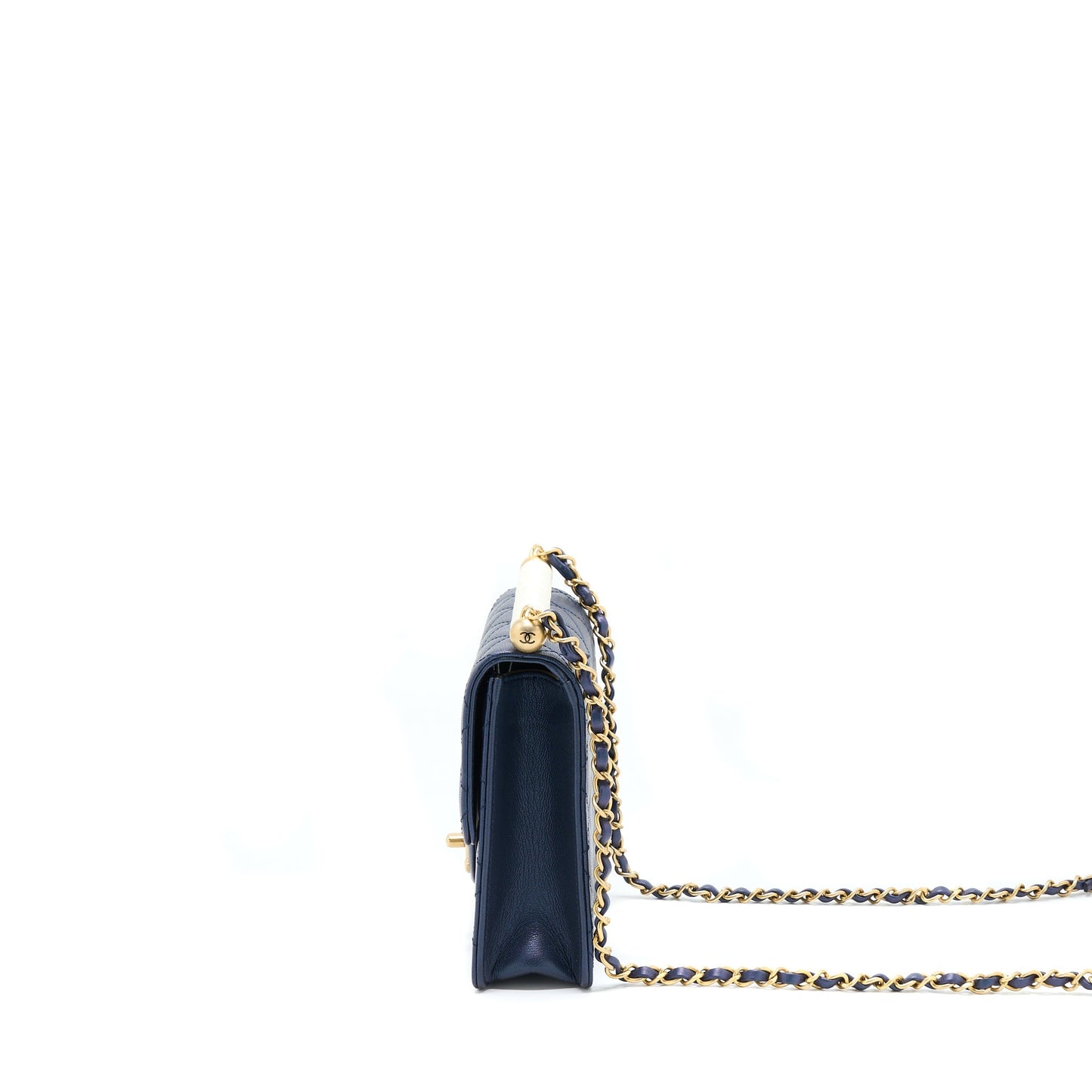 Chanel Vertical Pearl Flap Bag Lambskin Dark Blue