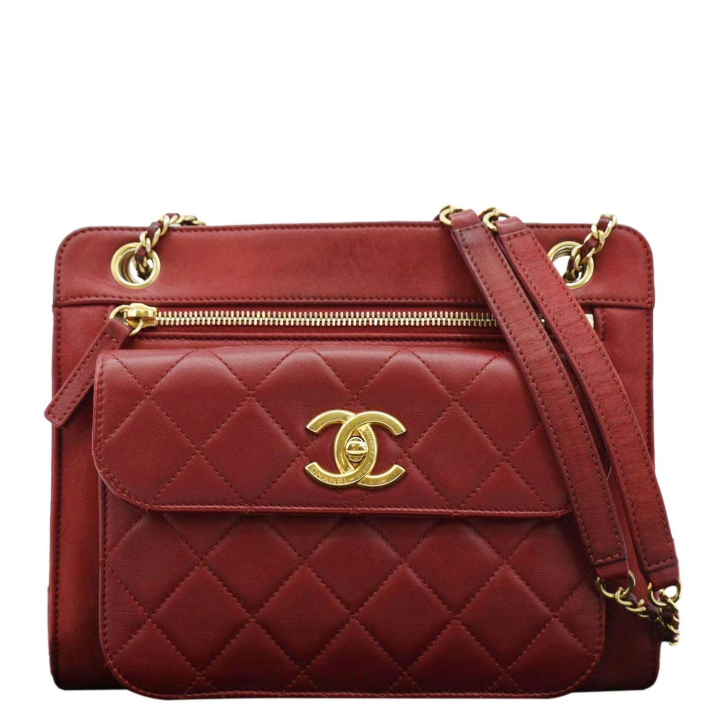 Chanel Square Front Pocket Quilted Leather Chain Crossbody Bag Red
