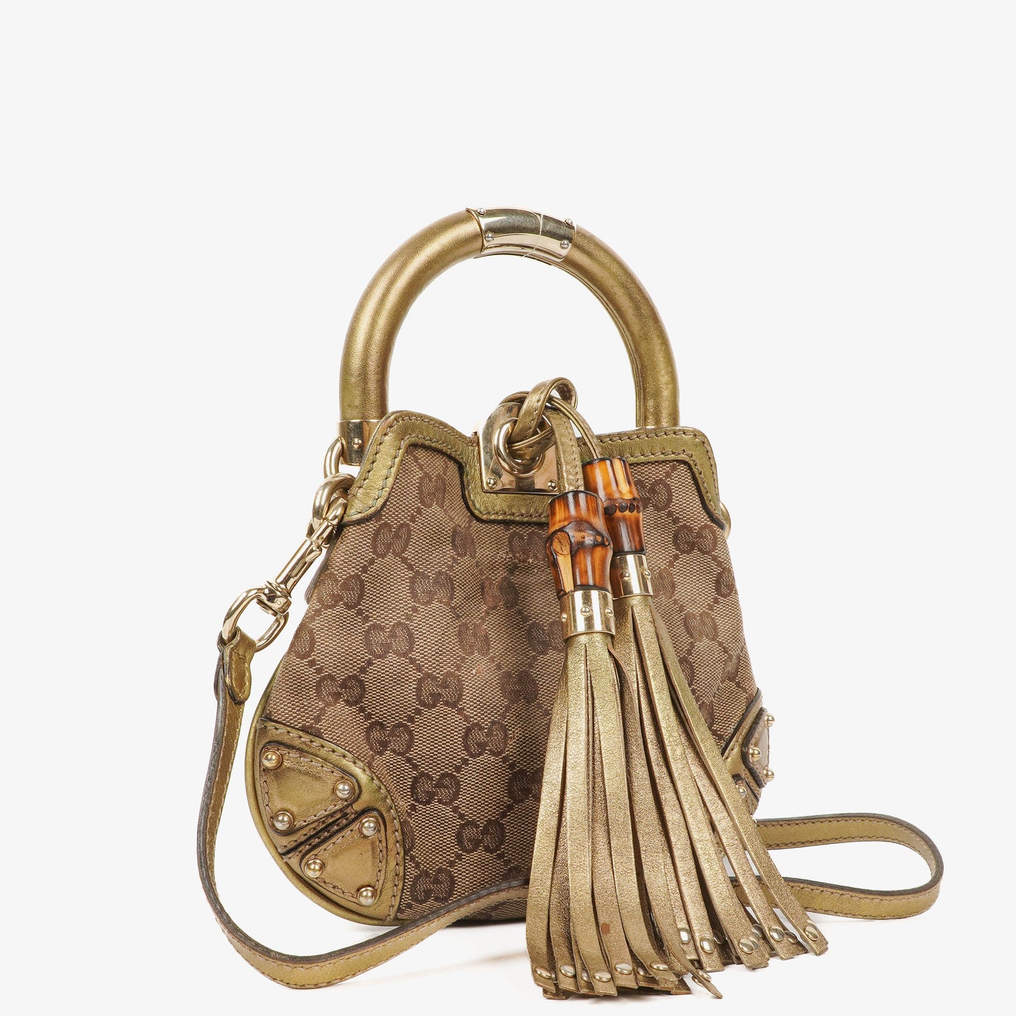 Gucci Mini Babouska Indy Beige/Gold GG Crystal Coated Canvas Top Handle Bag