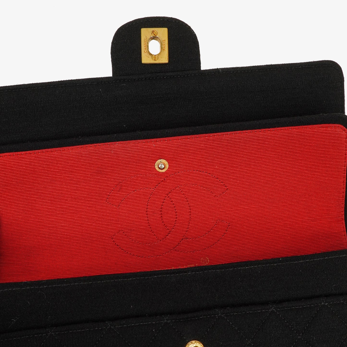Chanel Medium Classic Double Flap Bag Black Quilted Jersey With 24K Gold-Plated Hardware