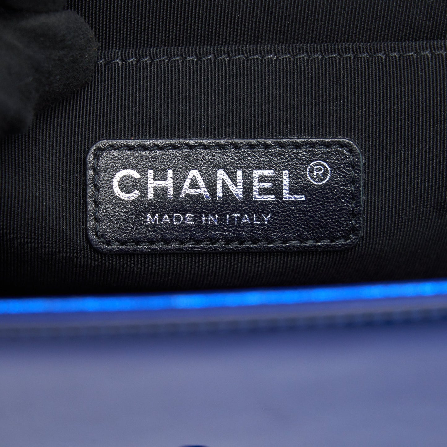 CHANEL MEDIUM LE BOY BAG IN METALLIC BLUE