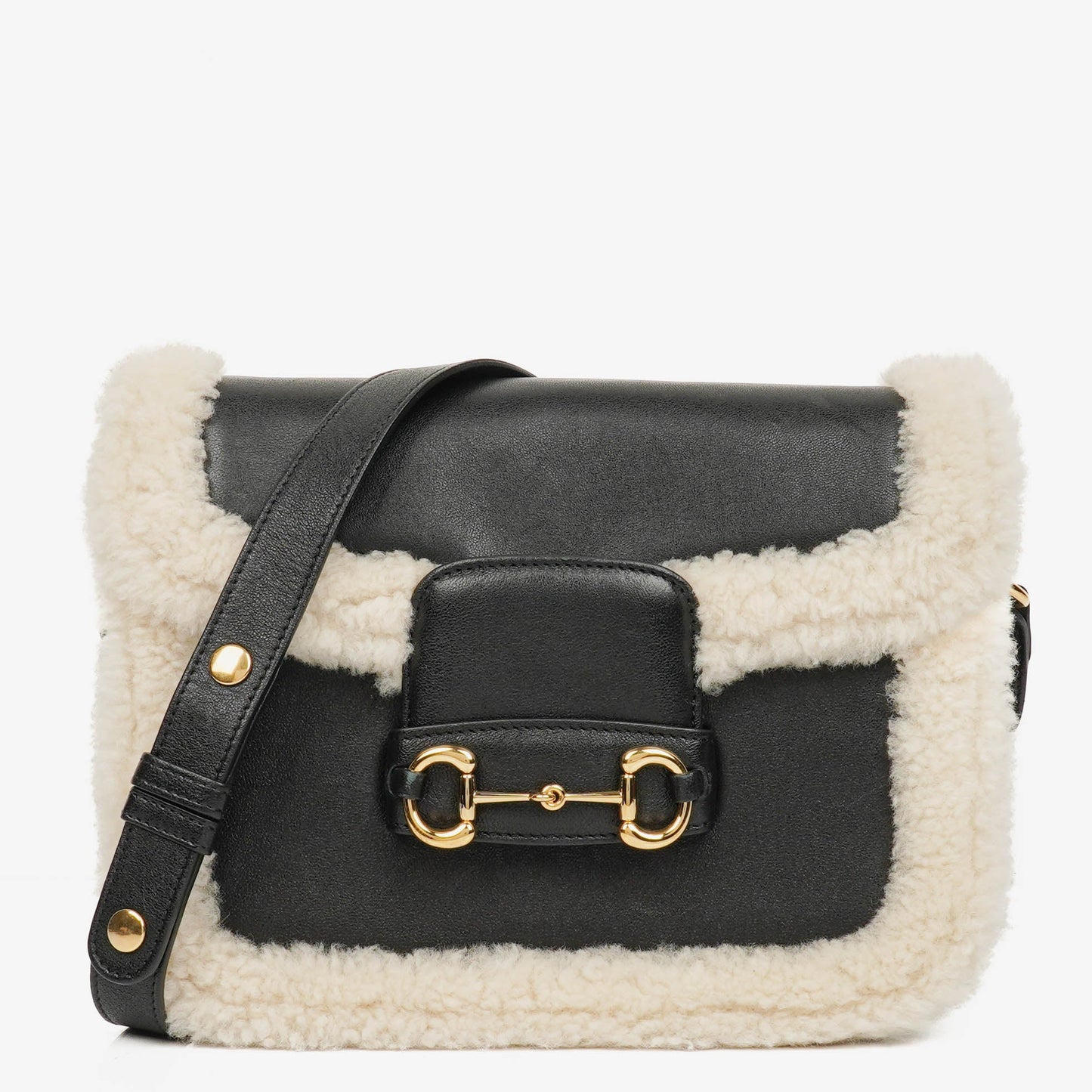 Gucci Black And White Leather/Shearling Horsebit 1955 Shoulder Bag