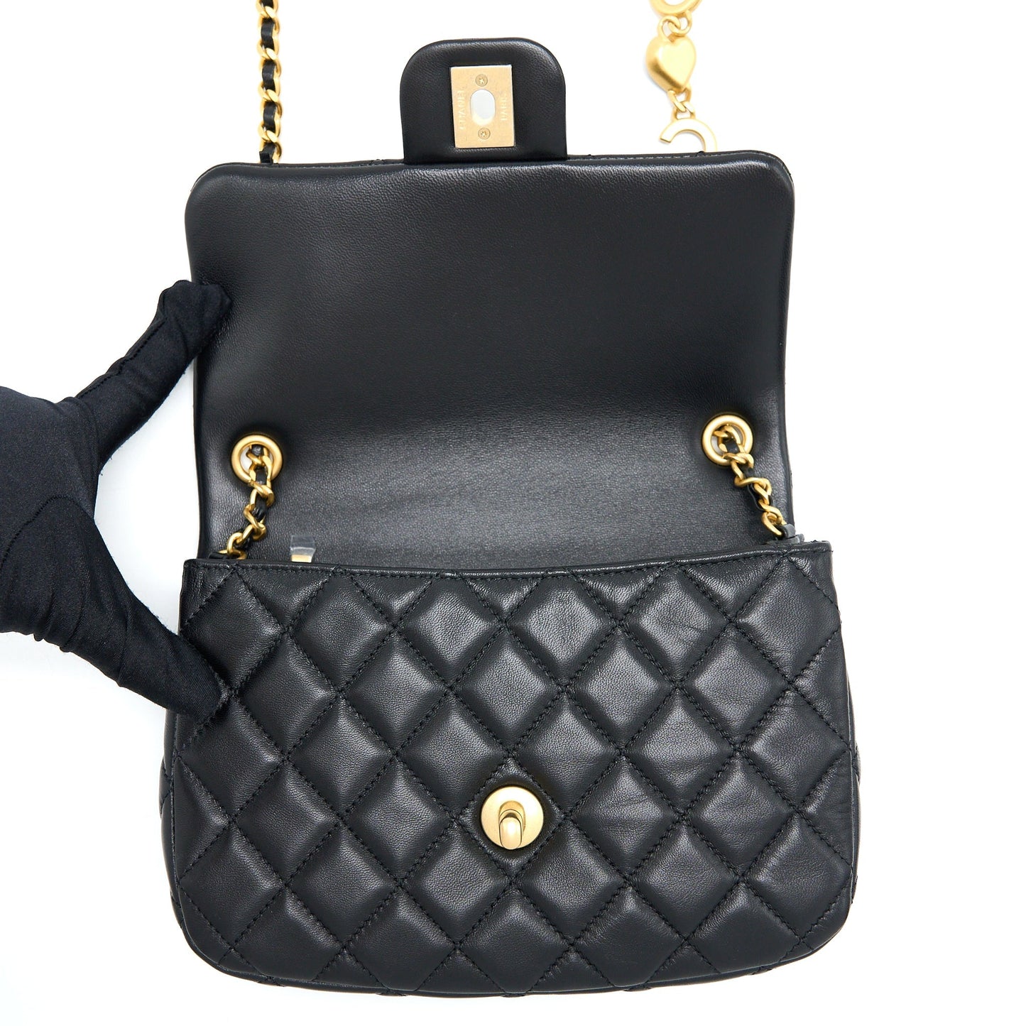Chanel 22K Coco Chain Quilted Flap Bag Lambskin Black Brushed  (Microchip)