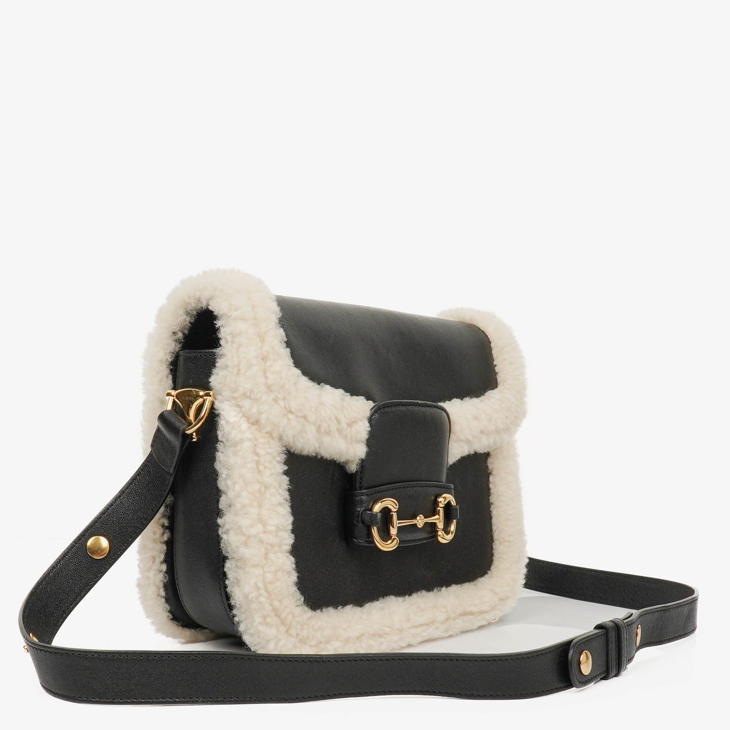 Gucci Black And White Leather/Shearling Horsebit 1955 Shoulder Bag