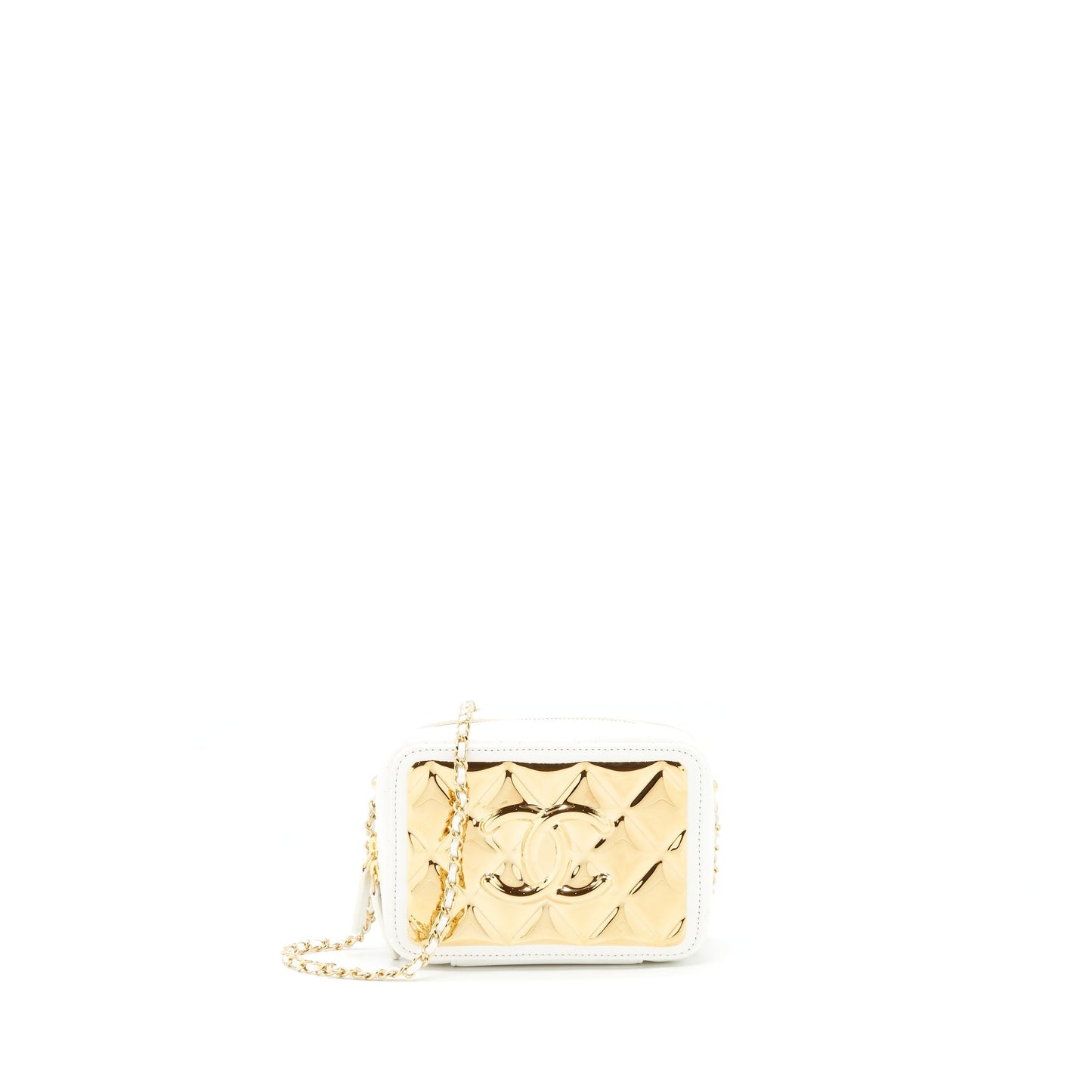 Chanel 21K Small Metal plate Vanity with chain Lambskin White
