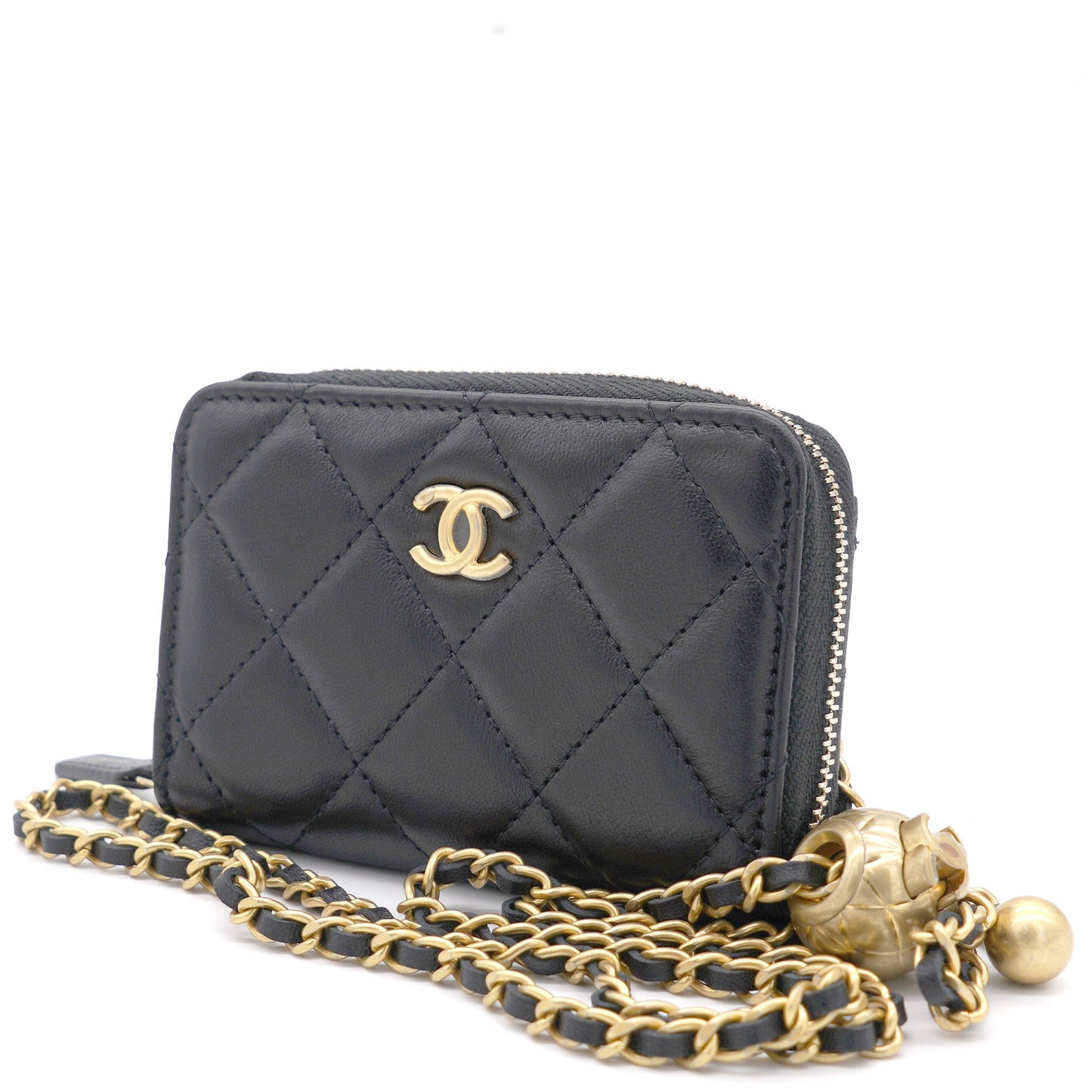 Chanel Black Lambskin Leather CC Zip Around Purse with Gold Ball Chain