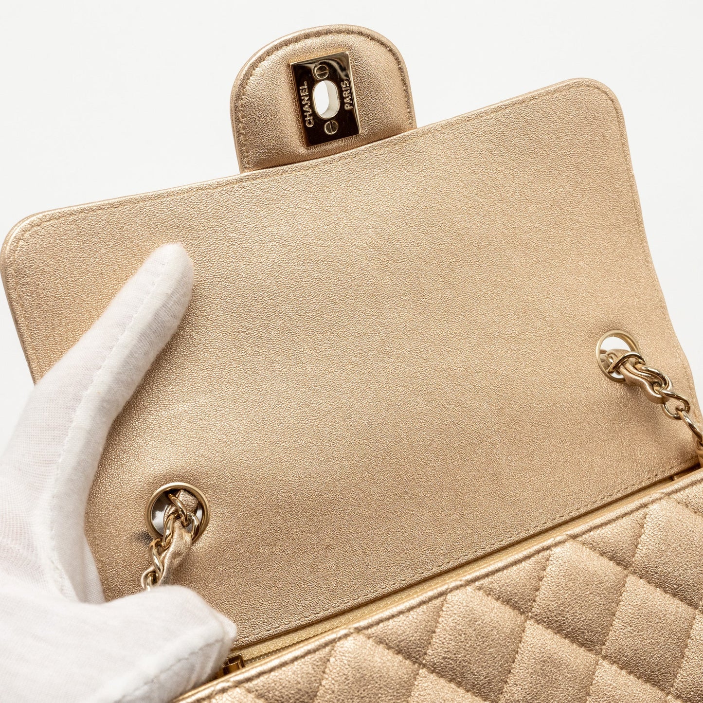 Chanel Mini Rectangular flap bag lambskin metallic gold L