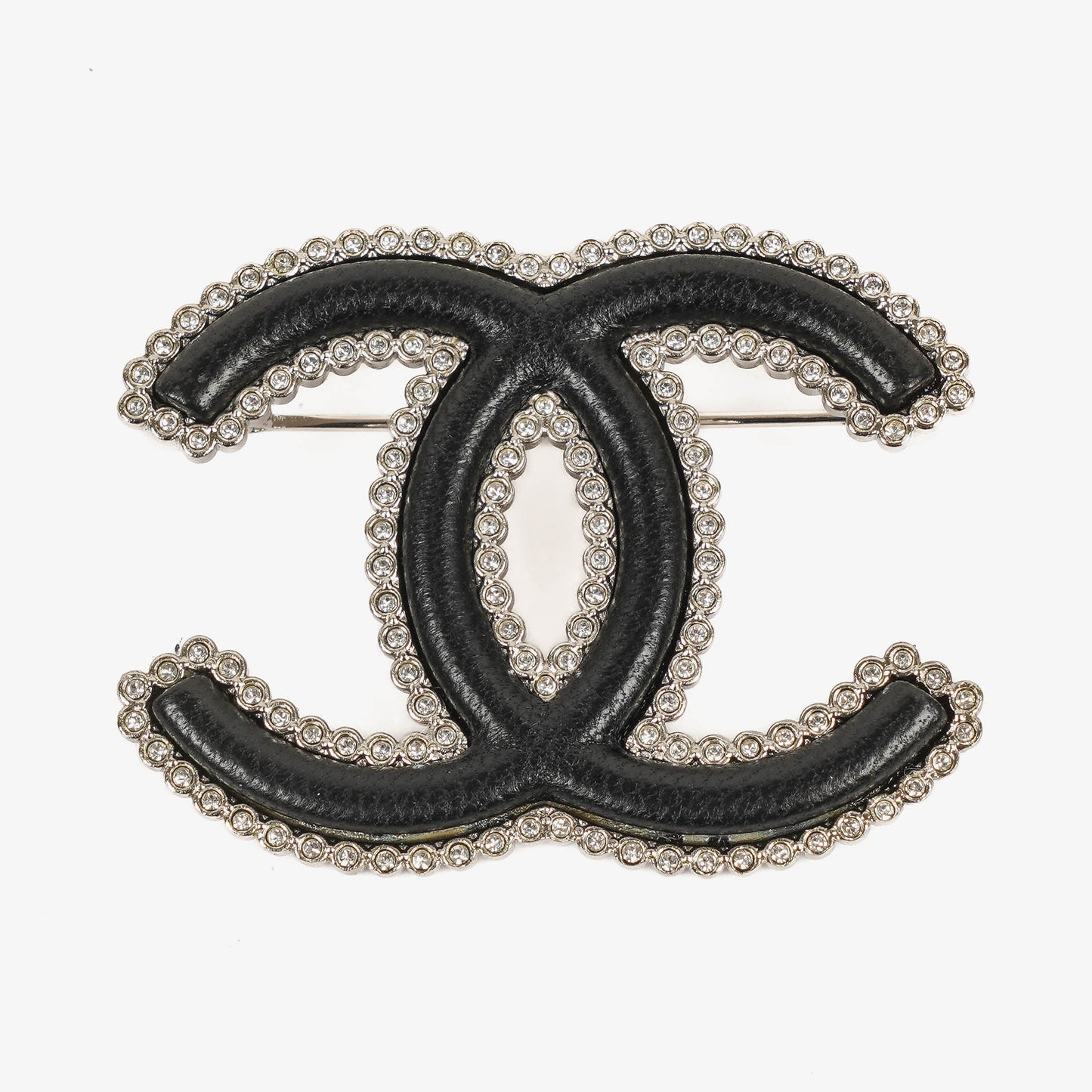Chanel Metal And Black Leather CC Brooch