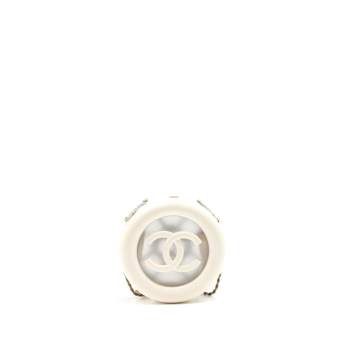 Chanel Runway White Crystal Round Evening Clutch Shoulder Bag Box