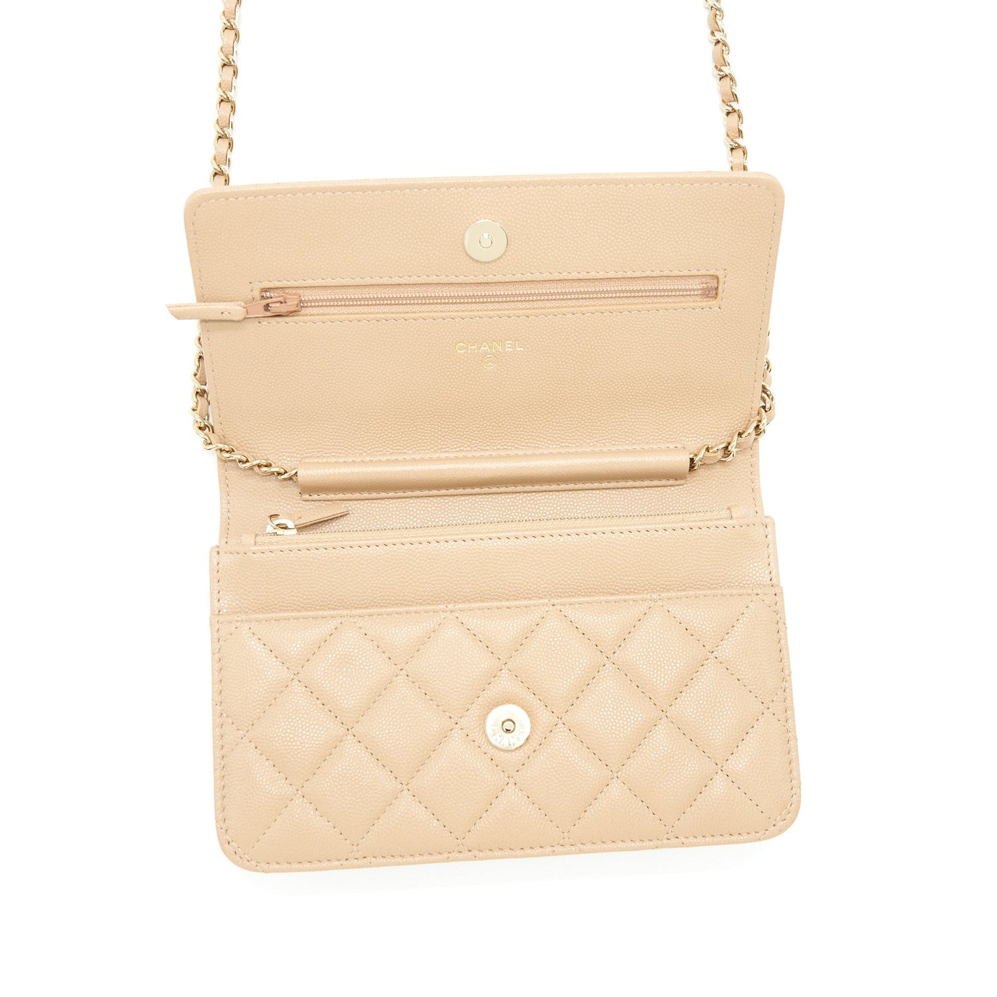 Chanel 22S detailed Logo Wallet on chain Caviar Dark beige with L