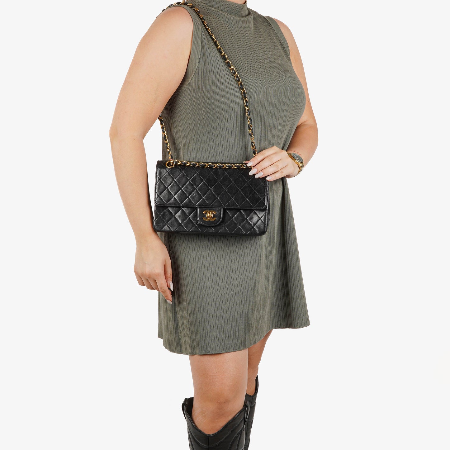 Chanel  Medium Classic Double Flap Bag Black Quilted Leather 24K Gold-Plated Hardware