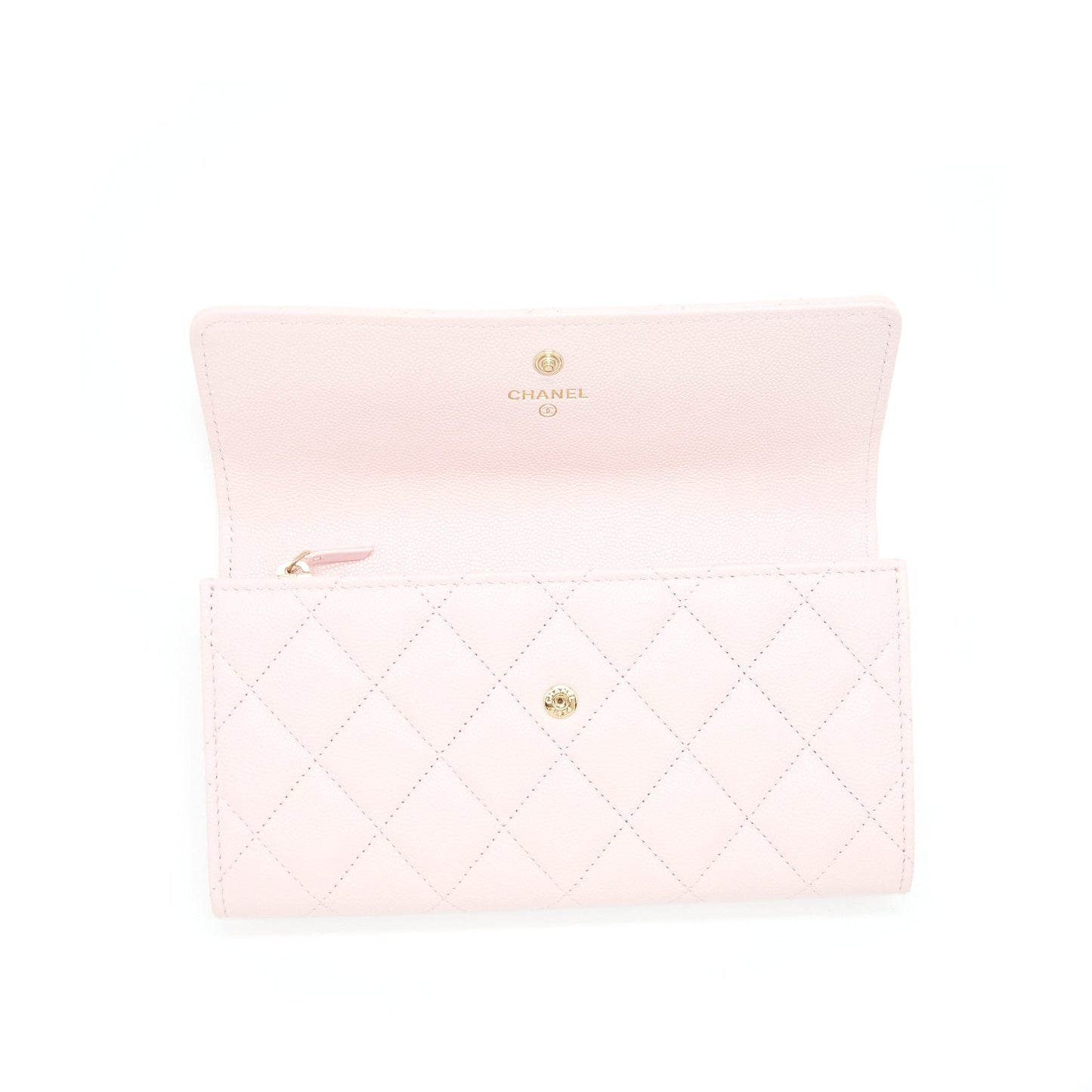 Chanel 22S detailed logo flap long wallet caviar light pink with L