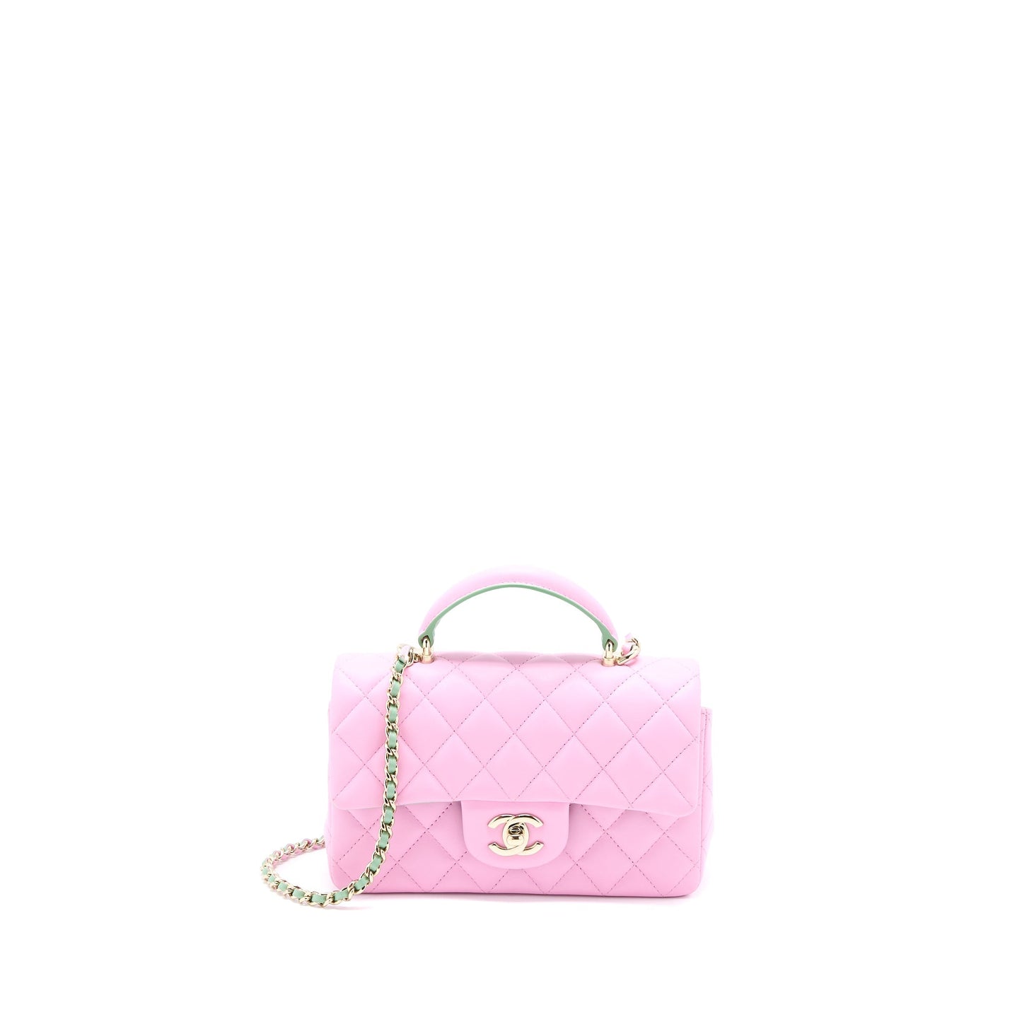 Chanel Top Handle Mini Rectangular Lambskin Pink/Light Green L (Microchip)