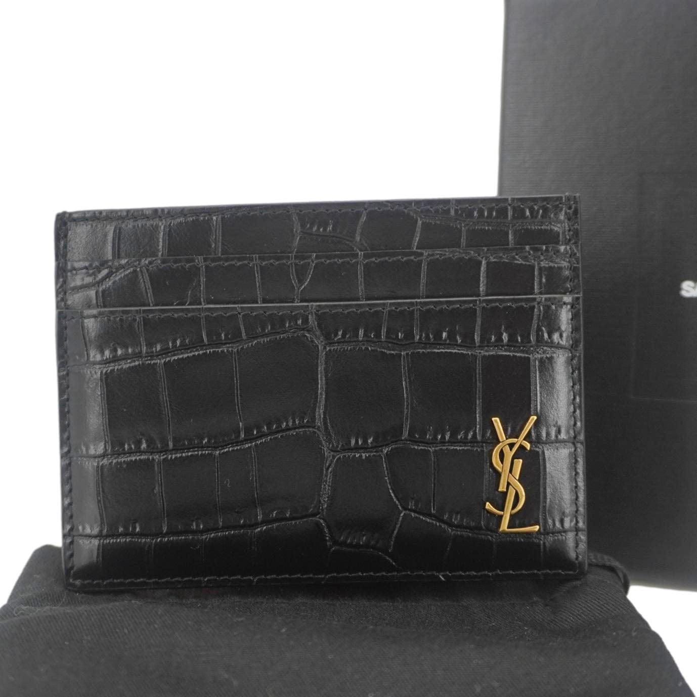 YVES SAINT LAURENT Croc Embossed Leather Card holder Black