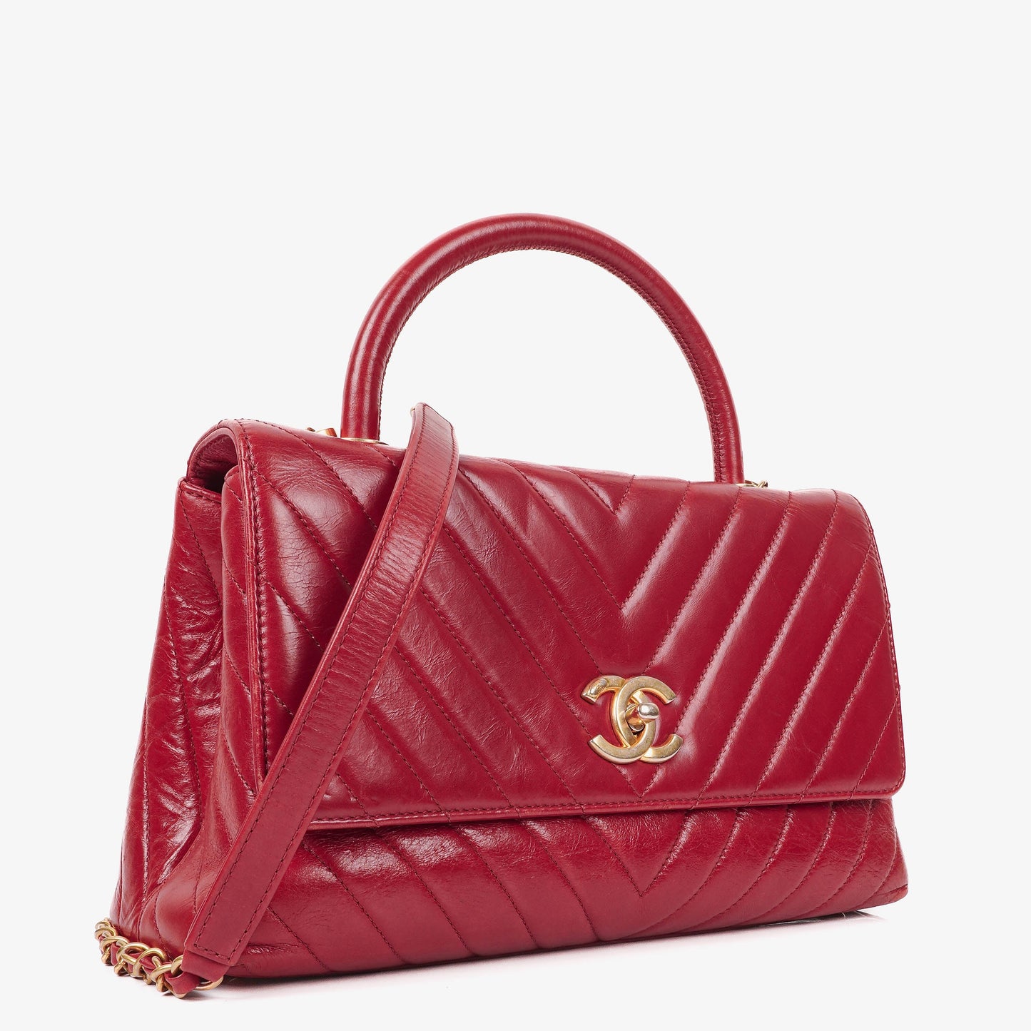 Chanel Large Red Chevron Quilted Calfskin Coco Handle Flap