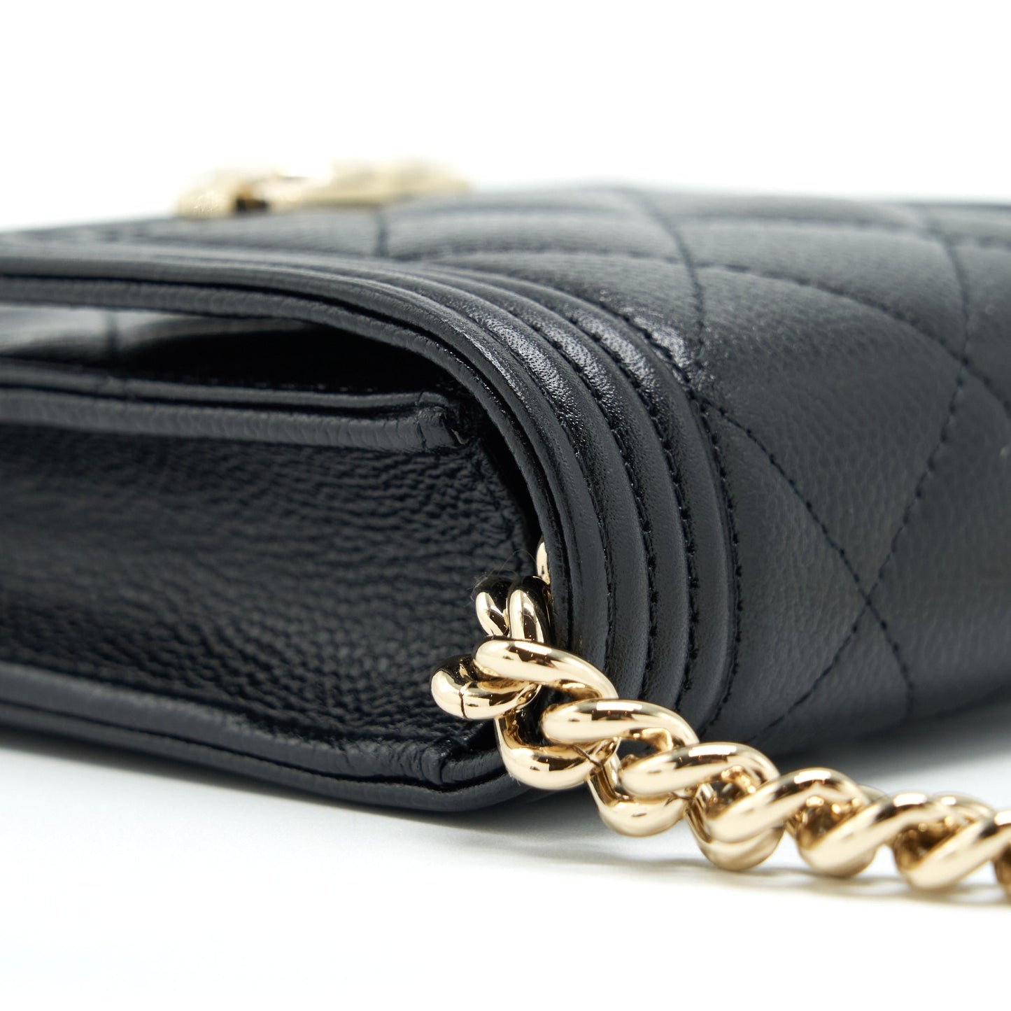 Chanel vertical boy flap phone case with chain caviar black with L