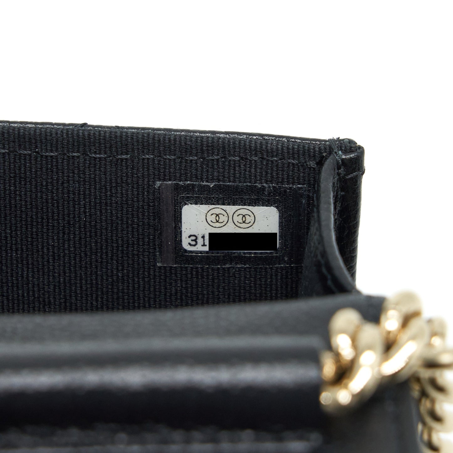 Chanel vertical boy flap phone case with chain caviar black with L