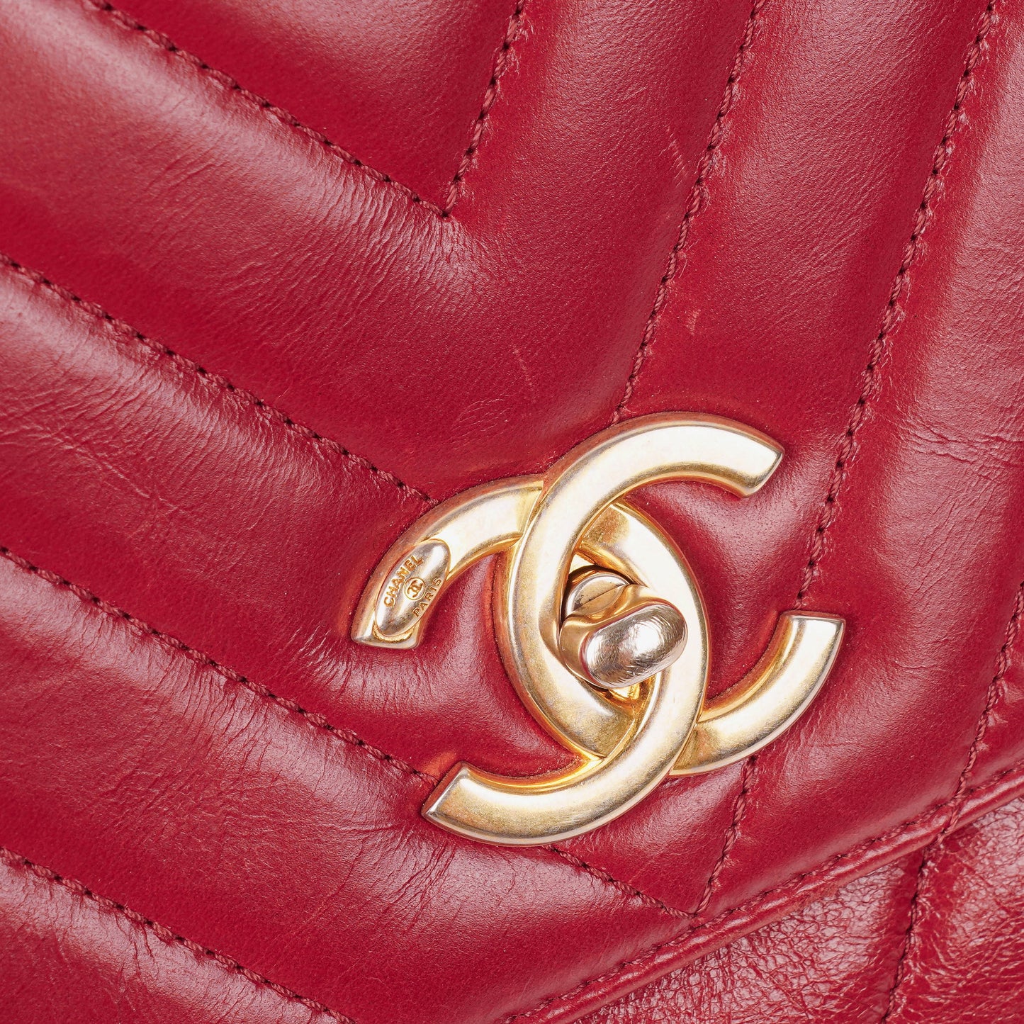Chanel Large Red Chevron Quilted Calfskin Coco Handle Flap