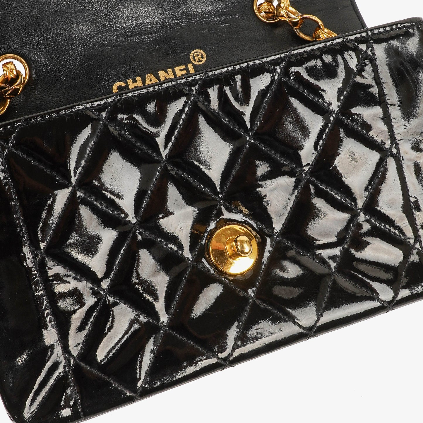 Chanel Mini Full Flap Black Quilted Patent Leather  Bag