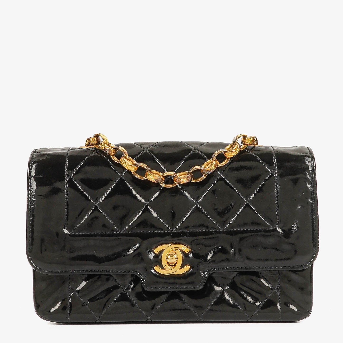 Chanel Mini Full Flap Black Quilted Patent Leather  Bag