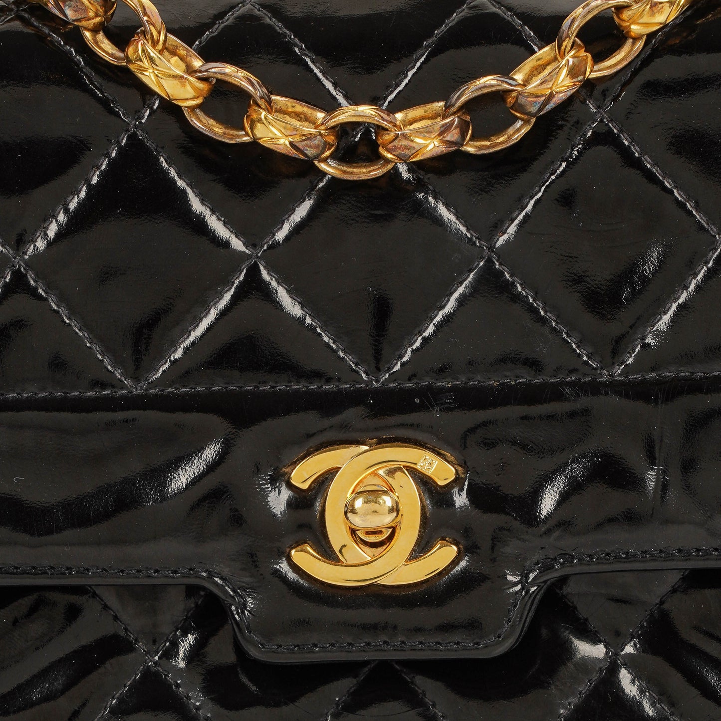 Chanel Mini Full Flap Black Quilted Patent Leather  Bag