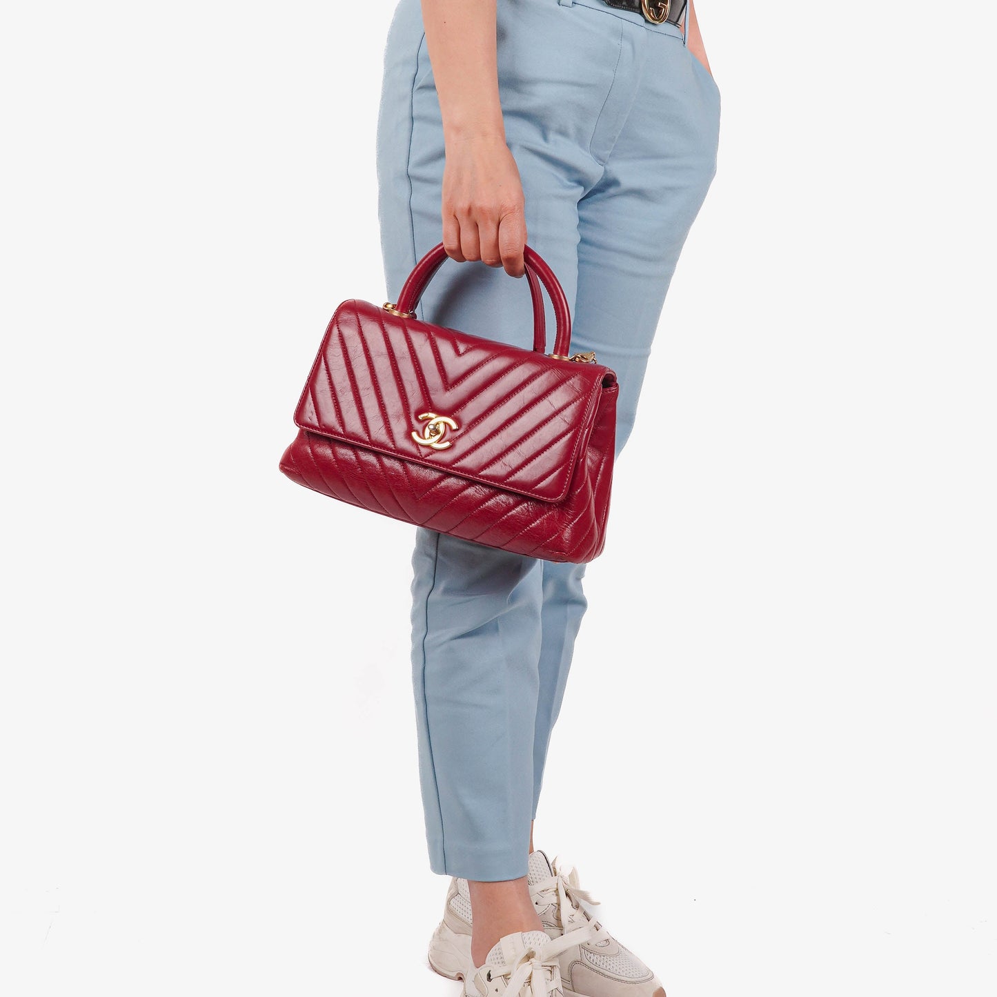 Chanel Large Red Chevron Quilted Calfskin Coco Handle Flap