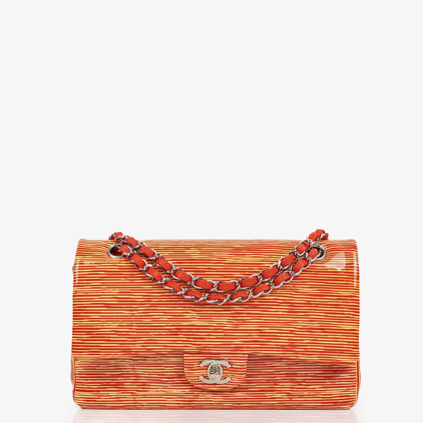 Chanel Timeless Classic Double Flap Bag In Red And Yellow Striped Patent Leather And Silver Finishes
