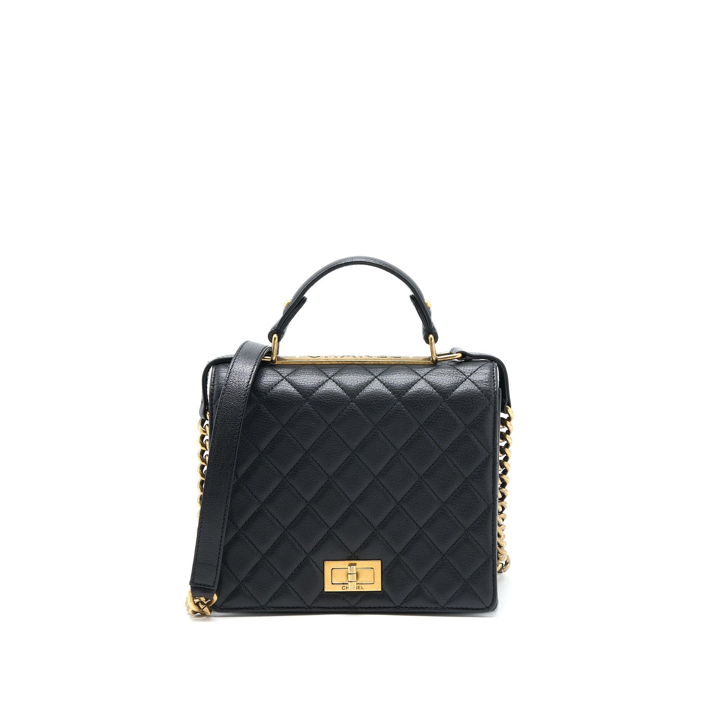 Chanel Rita Top Handle Flap Bag Grained Goatskin Black Brushed