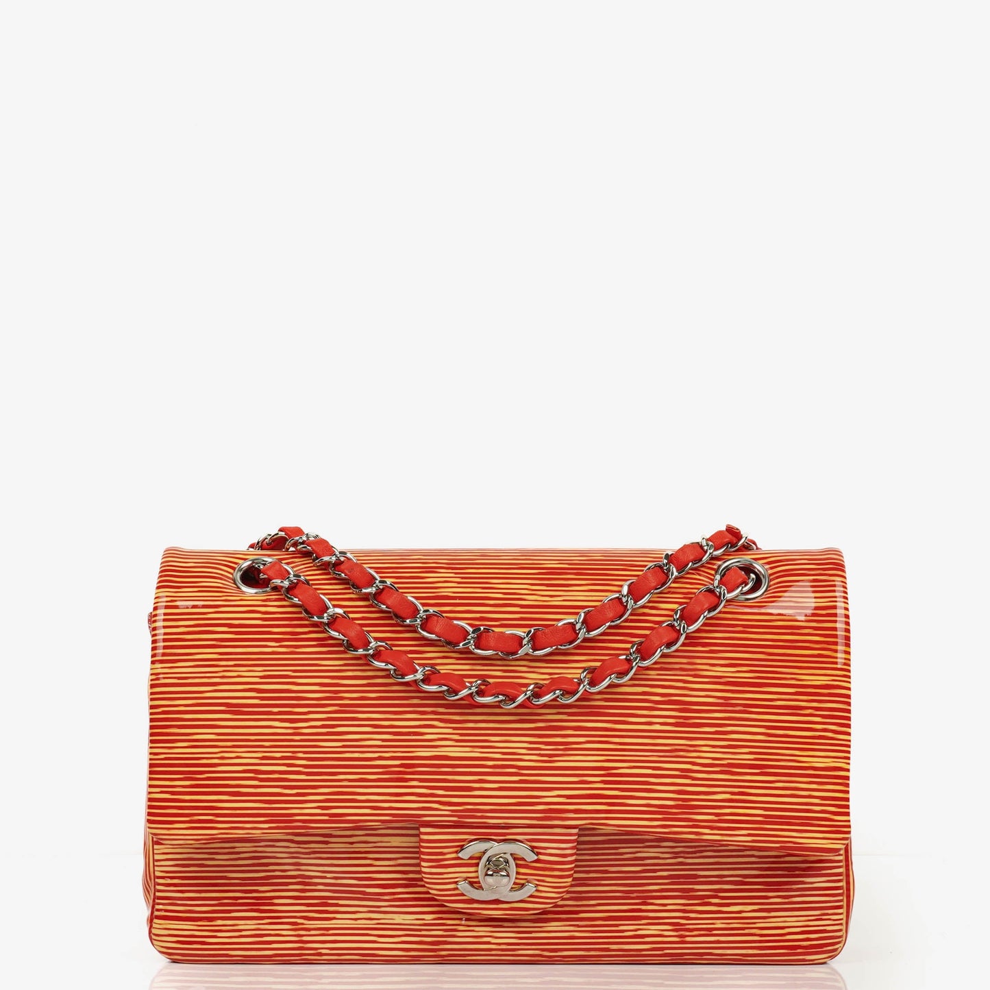 Chanel Timeless Classic Double Flap Bag In Red And Yellow Striped Patent Leather And Silver Finishes
