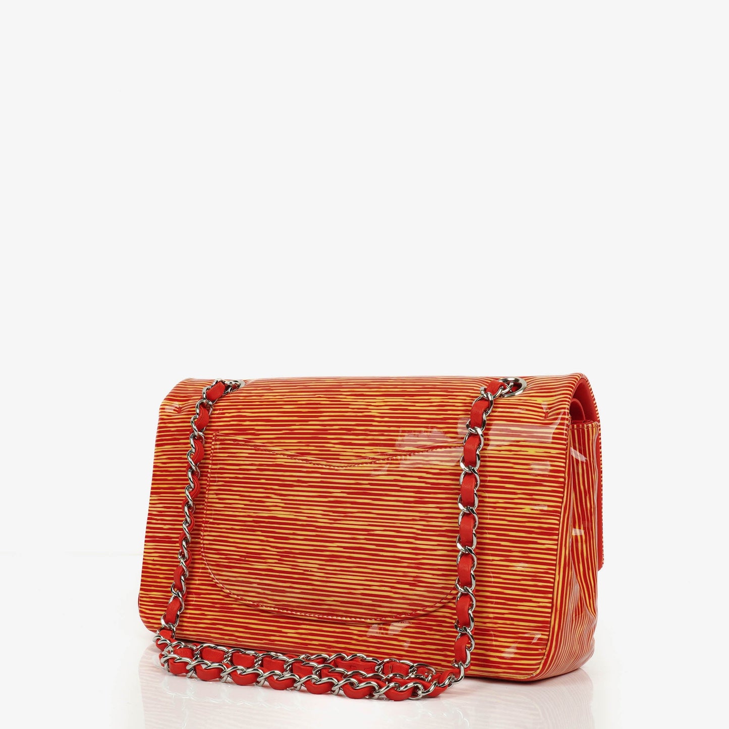 Chanel Timeless Classic Double Flap Bag In Red And Yellow Striped Patent Leather And Silver Finishes