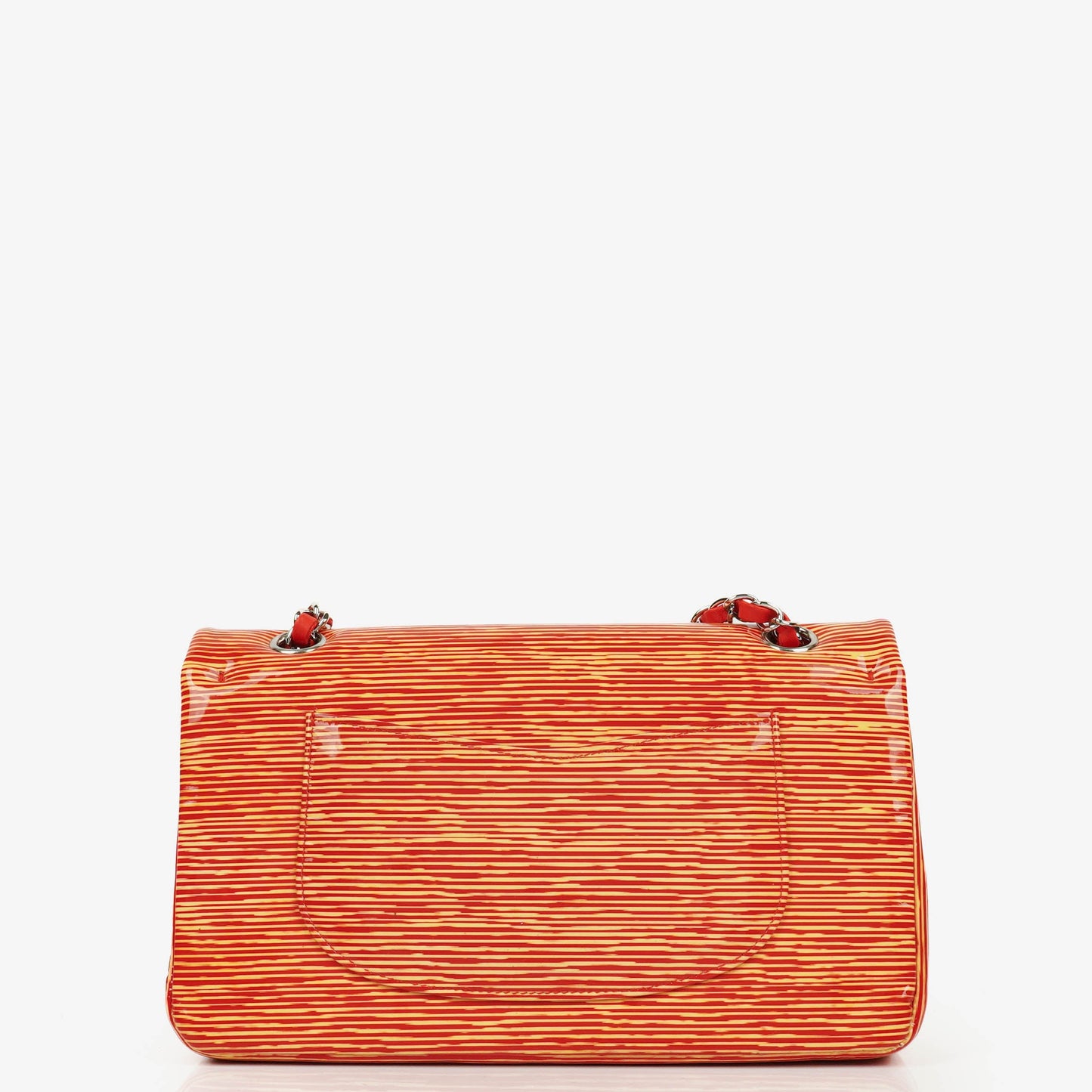 Chanel Timeless Classic Double Flap Bag In Red And Yellow Striped Patent Leather And Silver Finishes