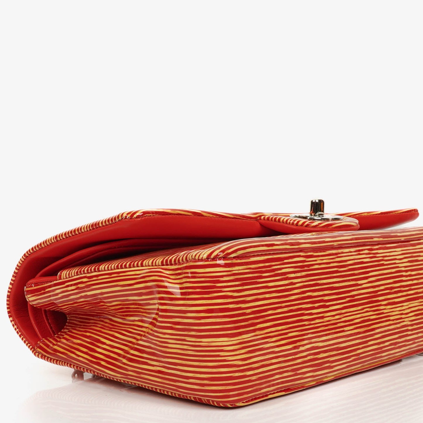 Chanel Timeless Classic Double Flap Bag In Red And Yellow Striped Patent Leather And Silver Finishes