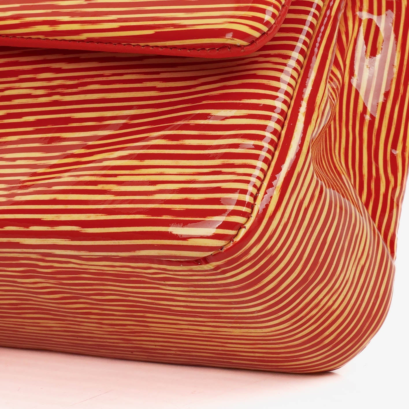 Chanel Timeless Classic Double Flap Bag In Red And Yellow Striped Patent Leather And Silver Finishes