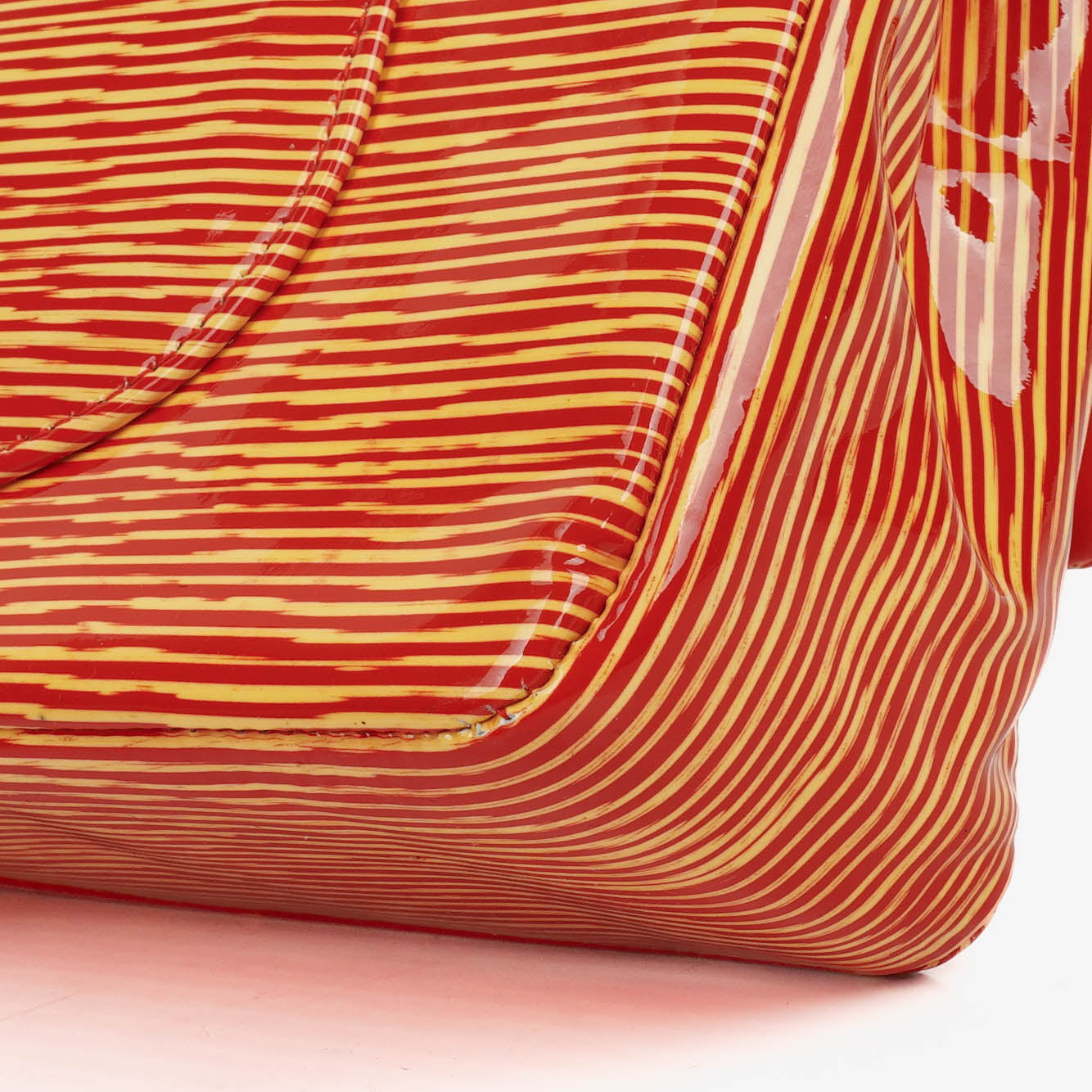 Chanel Timeless Classic Double Flap Bag In Red And Yellow Striped Patent Leather And Silver Finishes