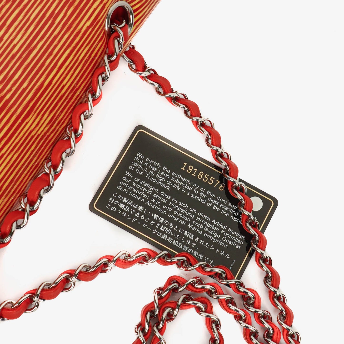 Chanel Timeless Classic Double Flap Bag In Red And Yellow Striped Patent Leather And Silver Finishes