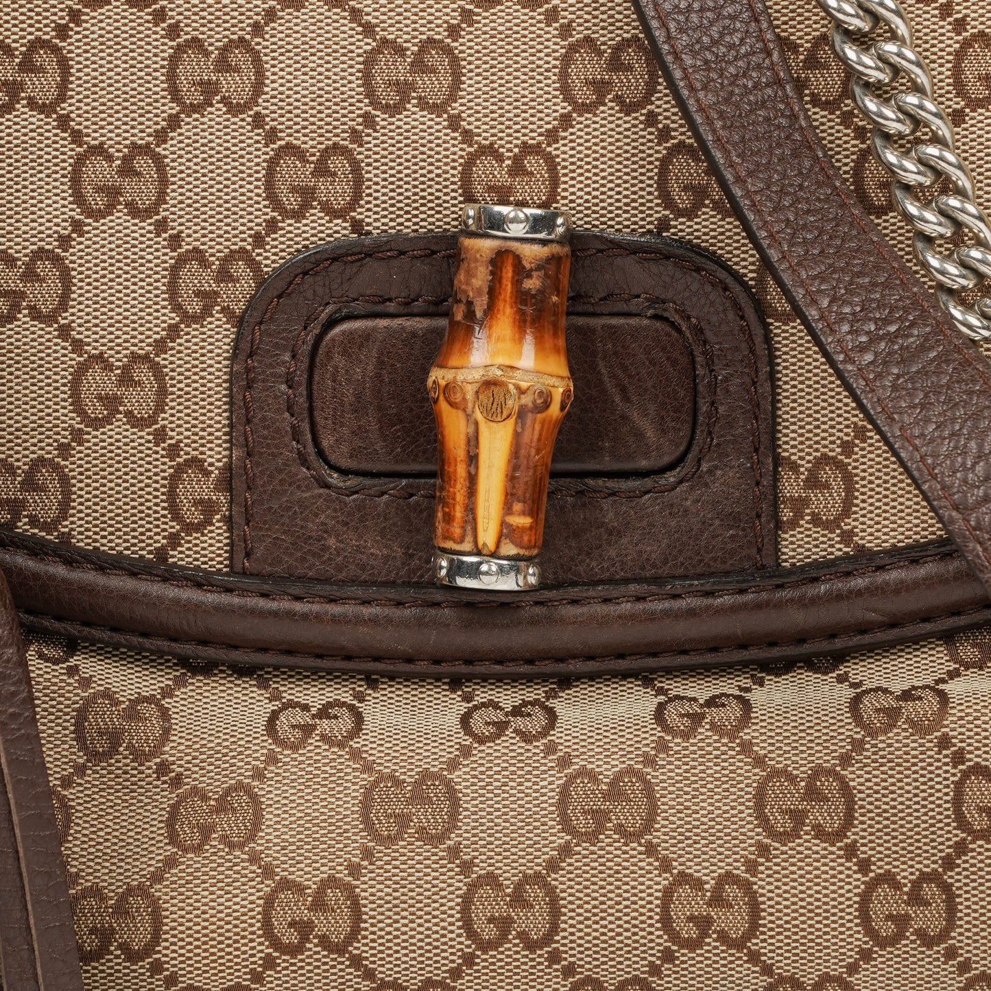 Gucci New Bamboo Top Handle Beige/Ebony GG Canvas and Leather Bag